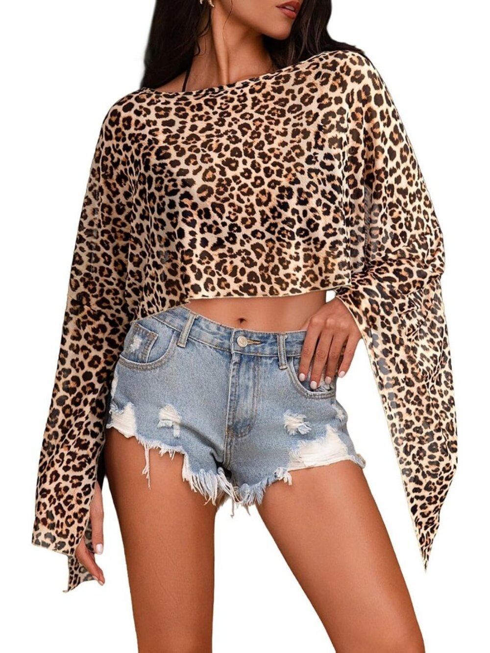 Womens Brown Polyester Coverup Summer Swimsuit Cropped Sheer Poncho Floral Top